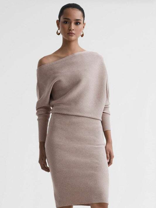 Off-The-Shoulder Ribbed Midi Dress Neutral | Women
