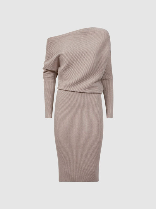 Off-The-Shoulder Ribbed Midi Dress Neutral | Women