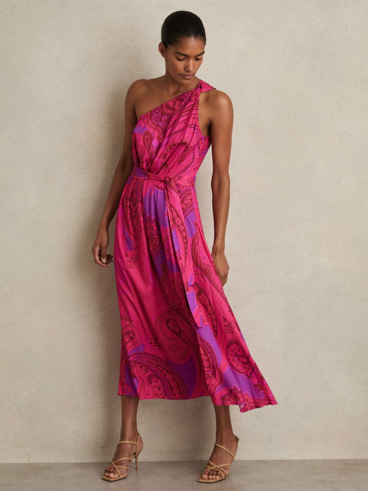 Paisley-Print One-Shoulder Midi Dress Pink | Women