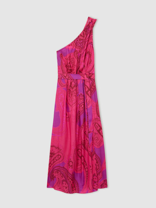 Paisley-Print One-Shoulder Midi Dress Pink | Women
