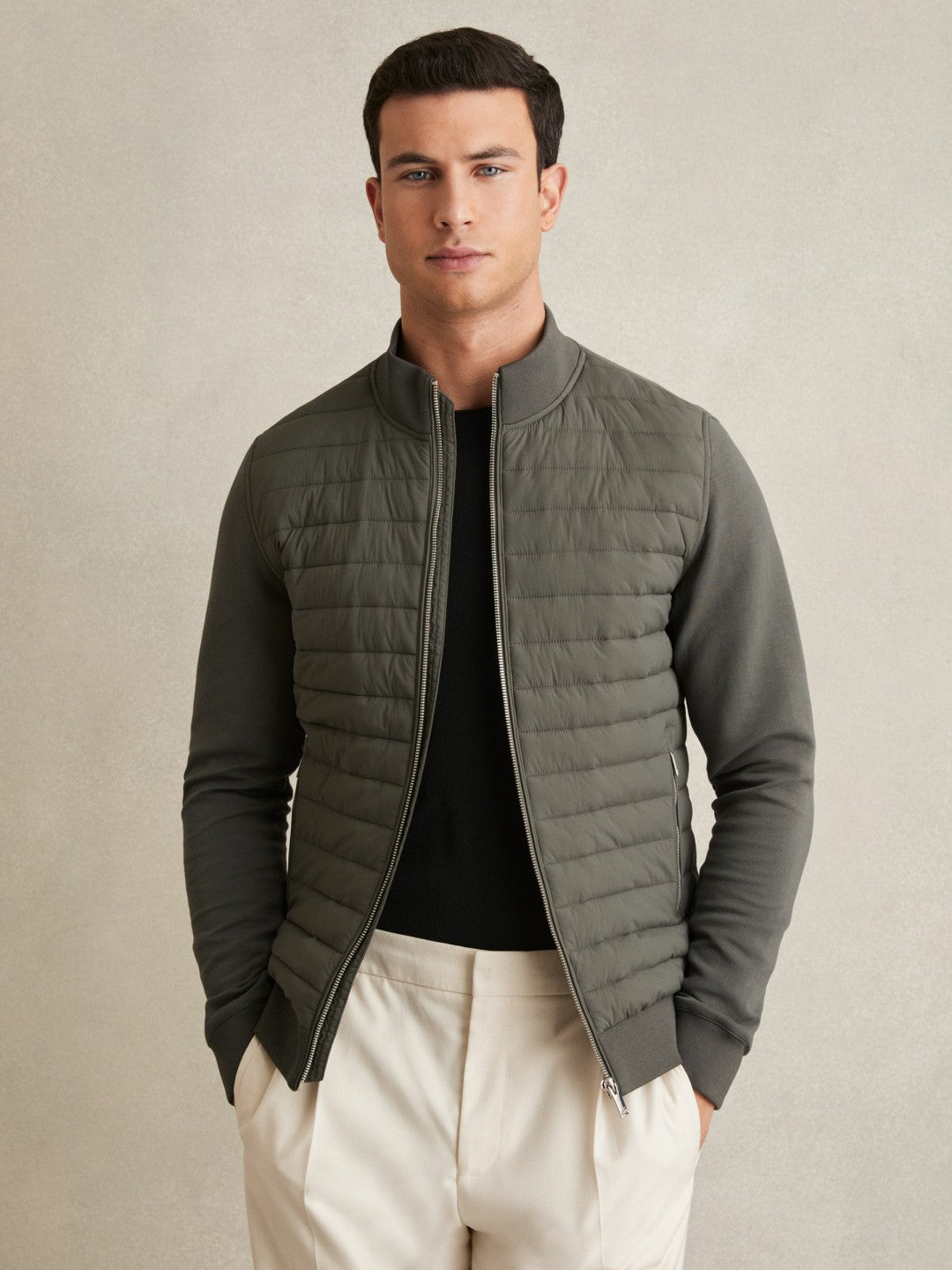 Hybrid Quilt and Knit Zip-Through Jacket Sage | Men