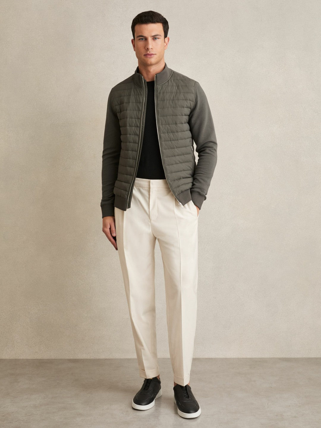 Hybrid Quilt and Knit Zip-Through Jacket Sage | Men