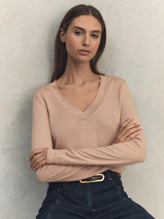Jersey V-Neck Top Camel | Women