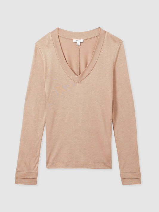 Jersey V-Neck Top Camel | Women