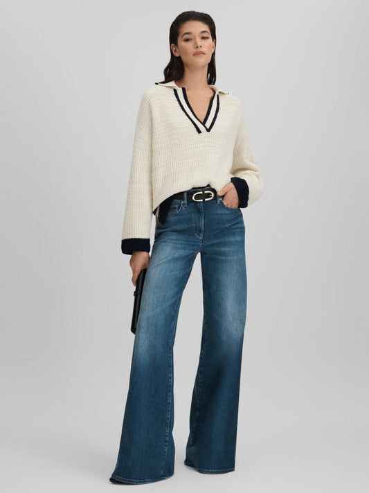 Wool Blend Open Collar Jumper Cream/Navy | Women