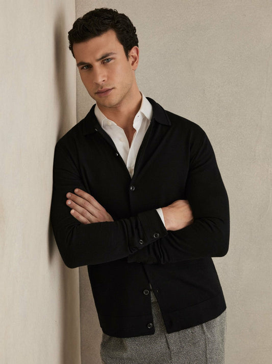 Merino Wool Button-Through Cardigan Black | Men