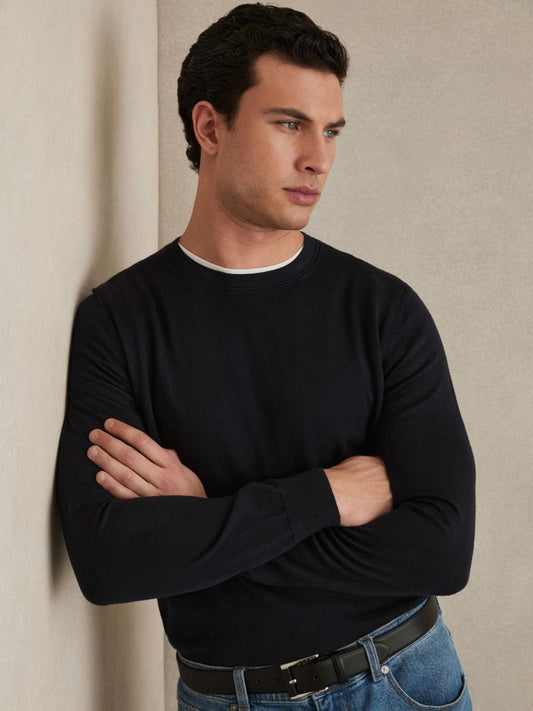 Merino Wool Crew Neck Jumper Navy | Men