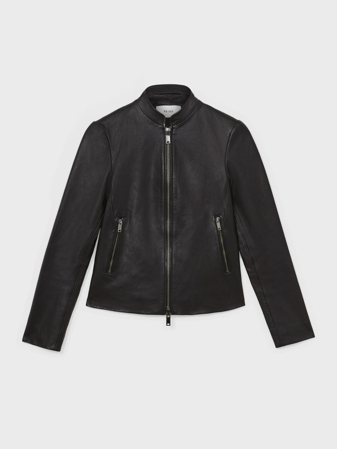 Leather Collarless Biker Jacket Black | Women