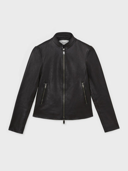 Leather Collarless Biker Jacket Black | Women