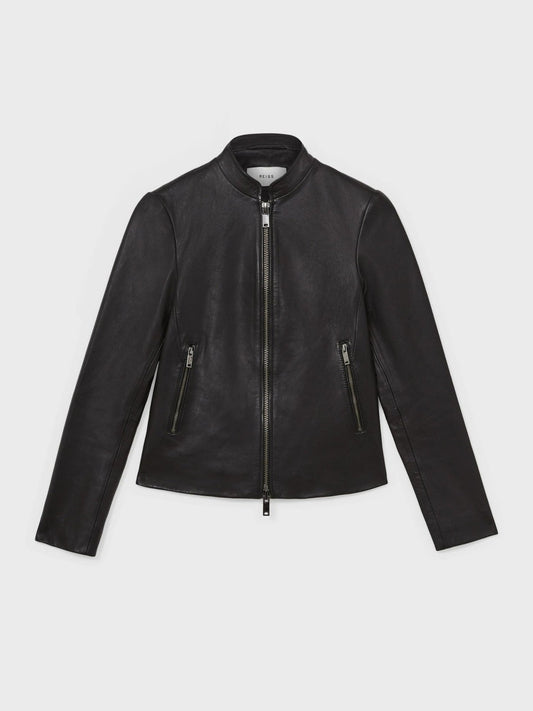 Leather Collarless Biker Jacket Black | Women