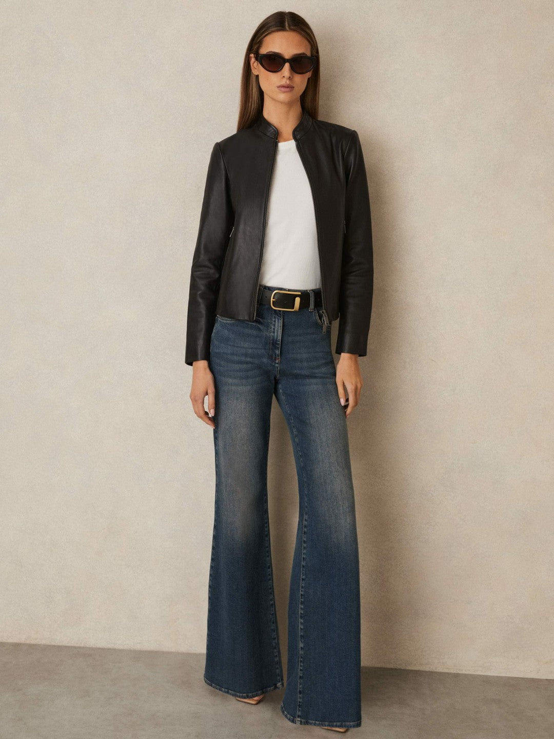 Leather Collarless Biker Jacket Black | Women
