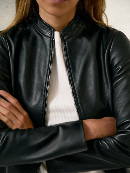 Leather Collarless Biker Jacket Black | Women