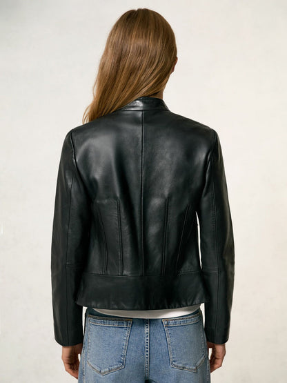 Leather Collarless Biker Jacket Black | Women