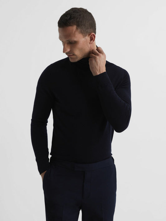 Slim Fit Merino Wool Roll Neck Jumper Navy | Men