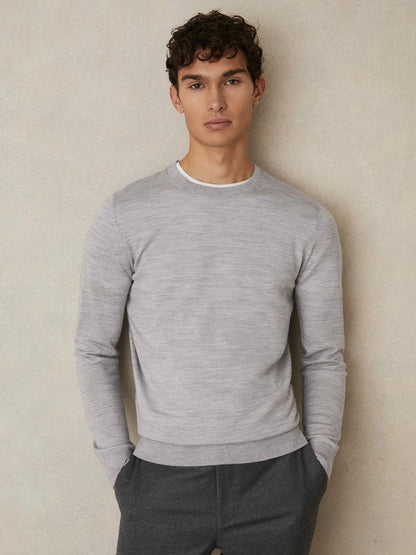 Merino Wool Crew Neck Jumper Soft Grey Mouline | Men