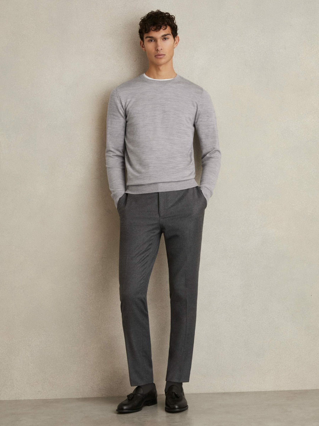 Merino Wool Crew Neck Jumper Soft Grey Mouline | Men