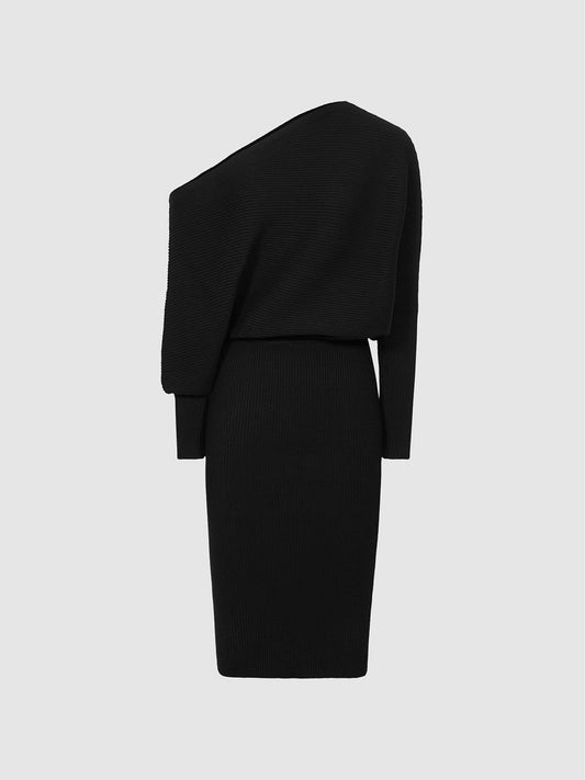 Off-The-Shoulder Ribbed Midi Dress Black | Women