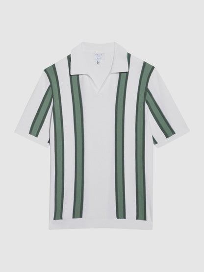 Open Collar Striped Polo T-Shirt White/Sage | Men