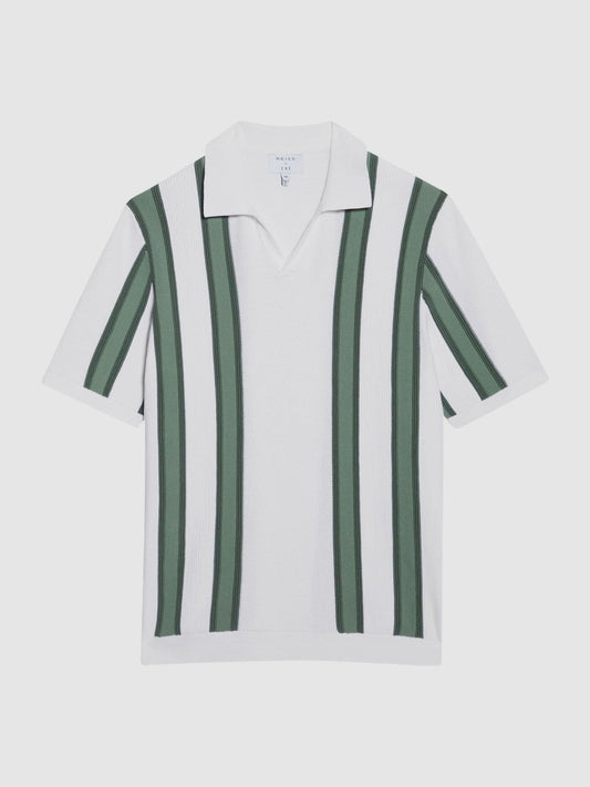 Open Collar Striped Polo T-Shirt White/Sage | Men
