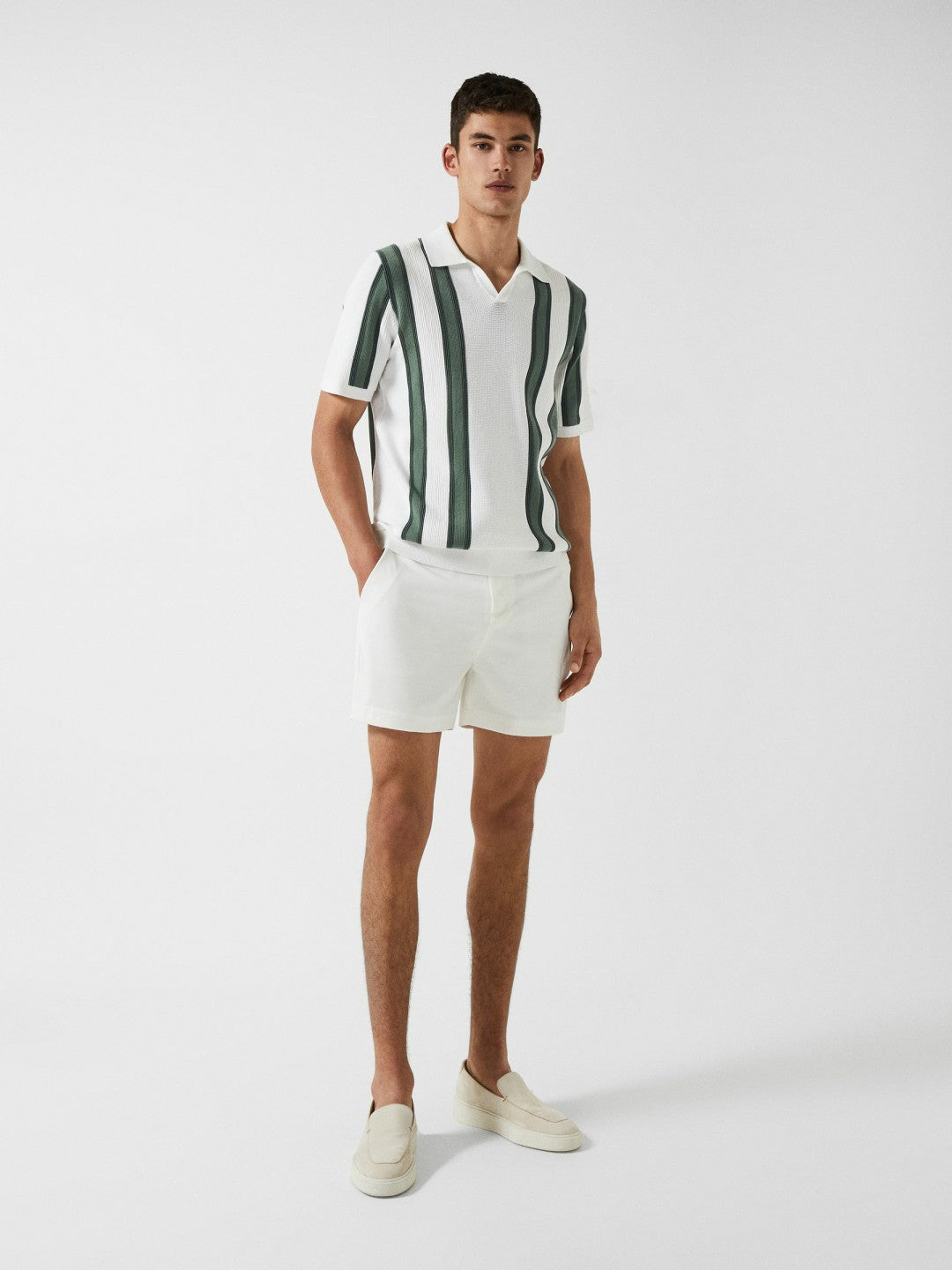 Open Collar Striped Polo T-Shirt White/Sage | Men