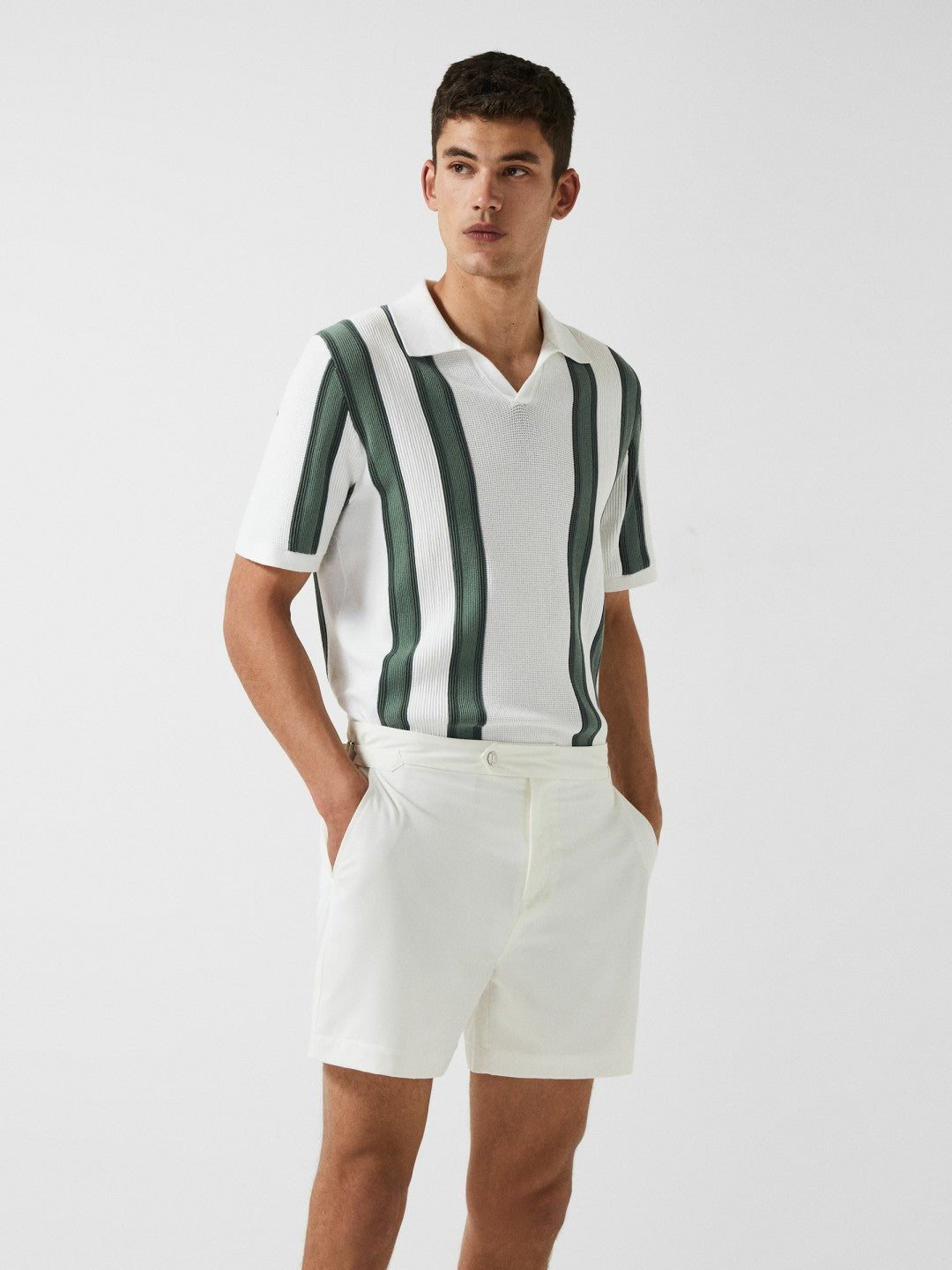 Open Collar Striped Polo T-Shirt White/Sage | Men