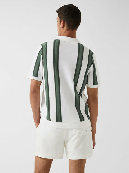 Open Collar Striped Polo T-Shirt White/Sage | Men