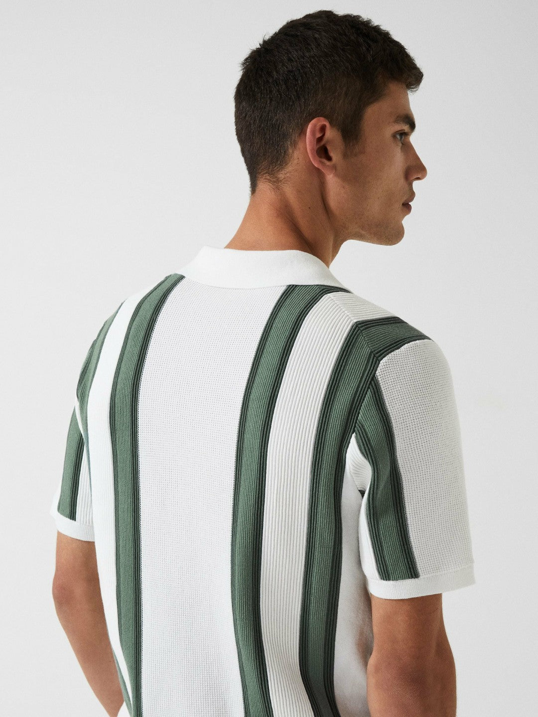 Open Collar Striped Polo T-Shirt White/Sage | Men
