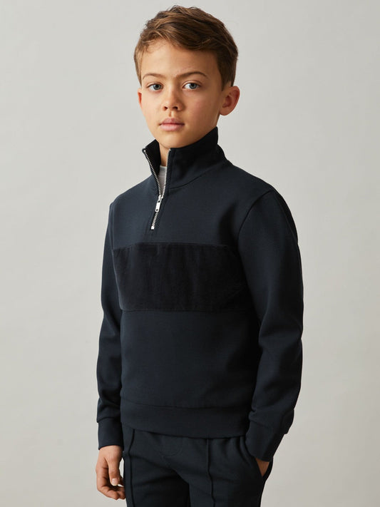 3-9 yrs Slim Fit Half-Zip Funnel Neck Velour Sweatshirt Navy | Children & Baby