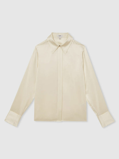 Silk-Satin Concealed-Placket Shirt Ivory | Women
