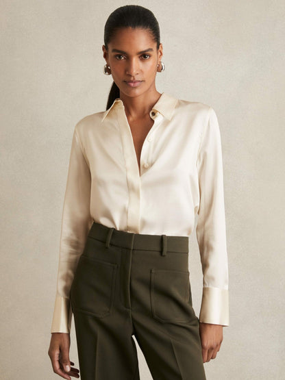 Silk-Satin Concealed-Placket Shirt Ivory | Women