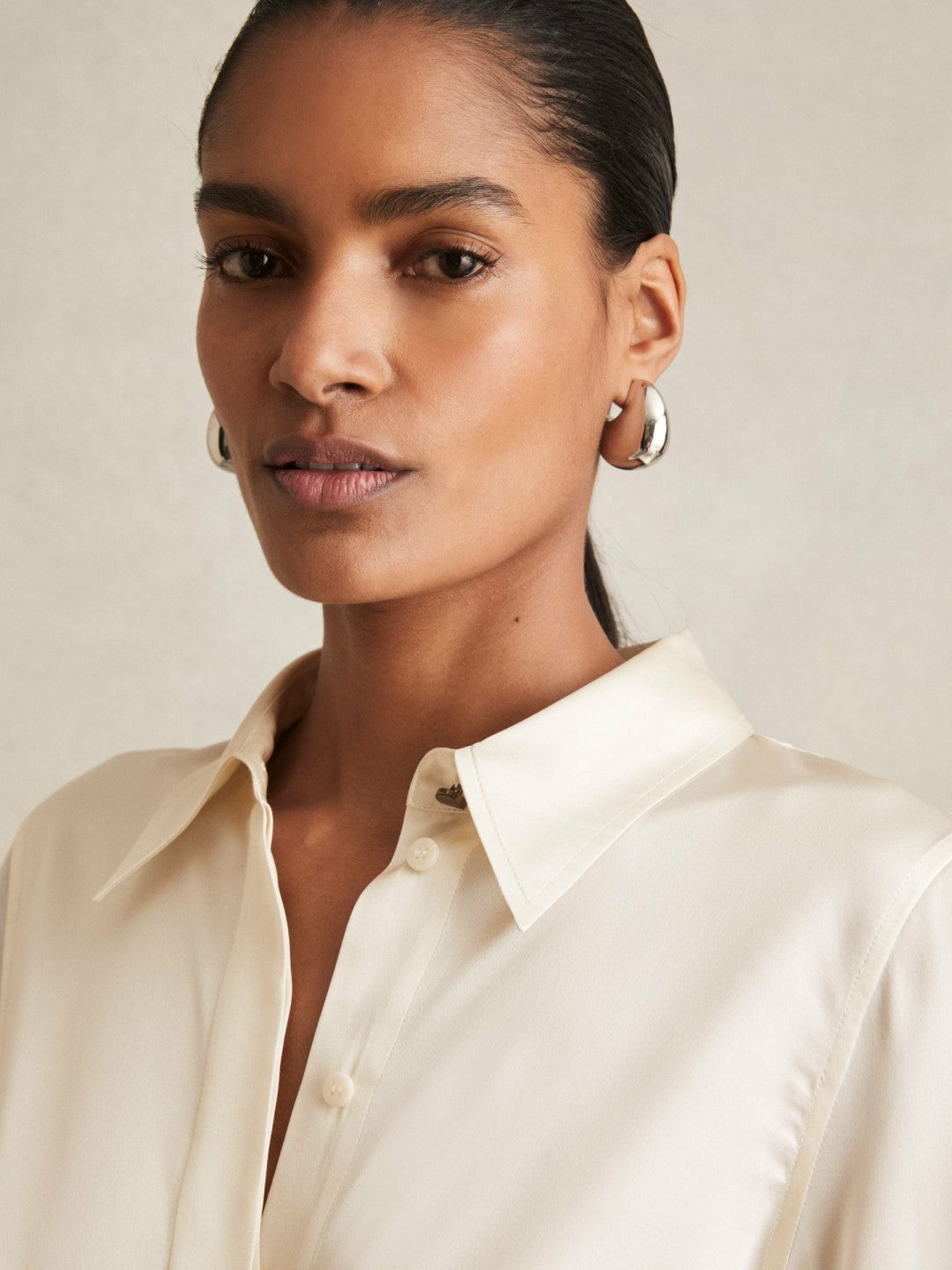 Silk-Satin Concealed-Placket Shirt Ivory | Women