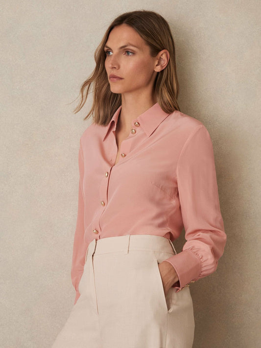 Silk Embossed-Button Shirt Pink | Women
