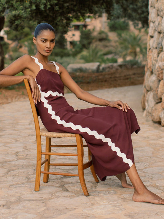 Wave-Trim Crepe Midi Dress Burgundy | Women