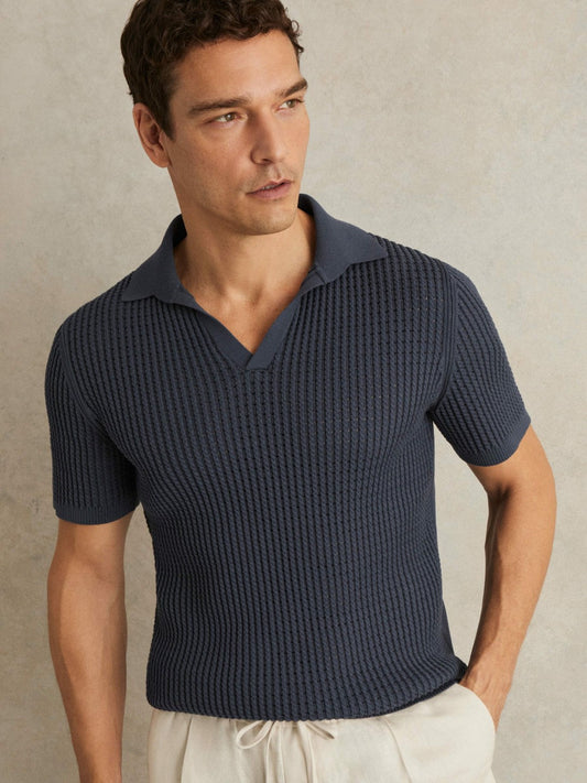 Micro-Cable Open-Collar Cotton-Blend Shirt Dark Airforce Blue | Men