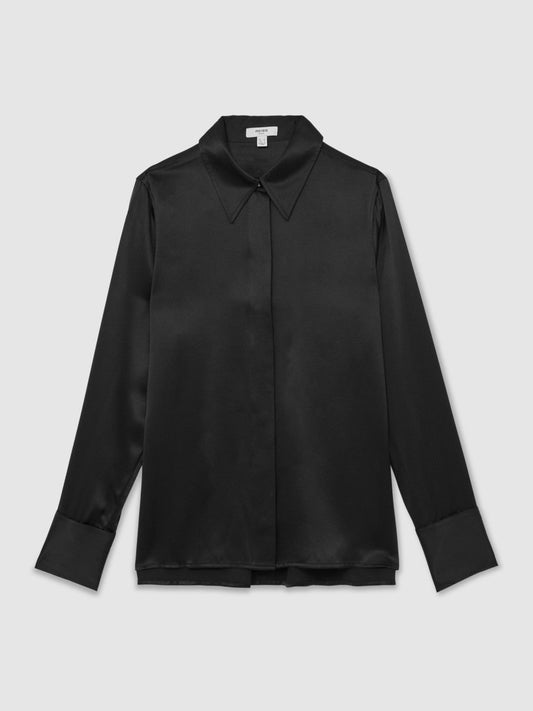 Silk-Satin Concealed-Placket Shirt Black | Women