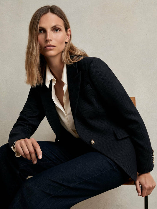 Single-Breasted Textured Blazer Wool-Blend Navy | Women
