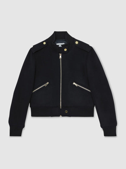 Brushed Wool Epaulette Bomber Jacket Navy | Women