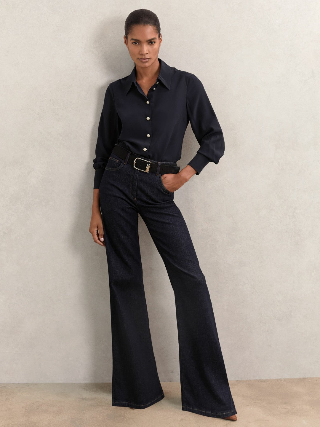 Silk Embossed-Button Shirt Navy | Women