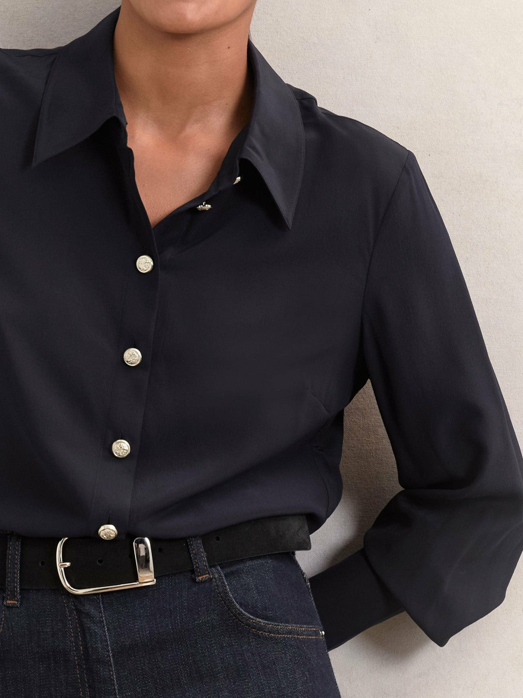 Silk Embossed-Button Shirt Navy | Women