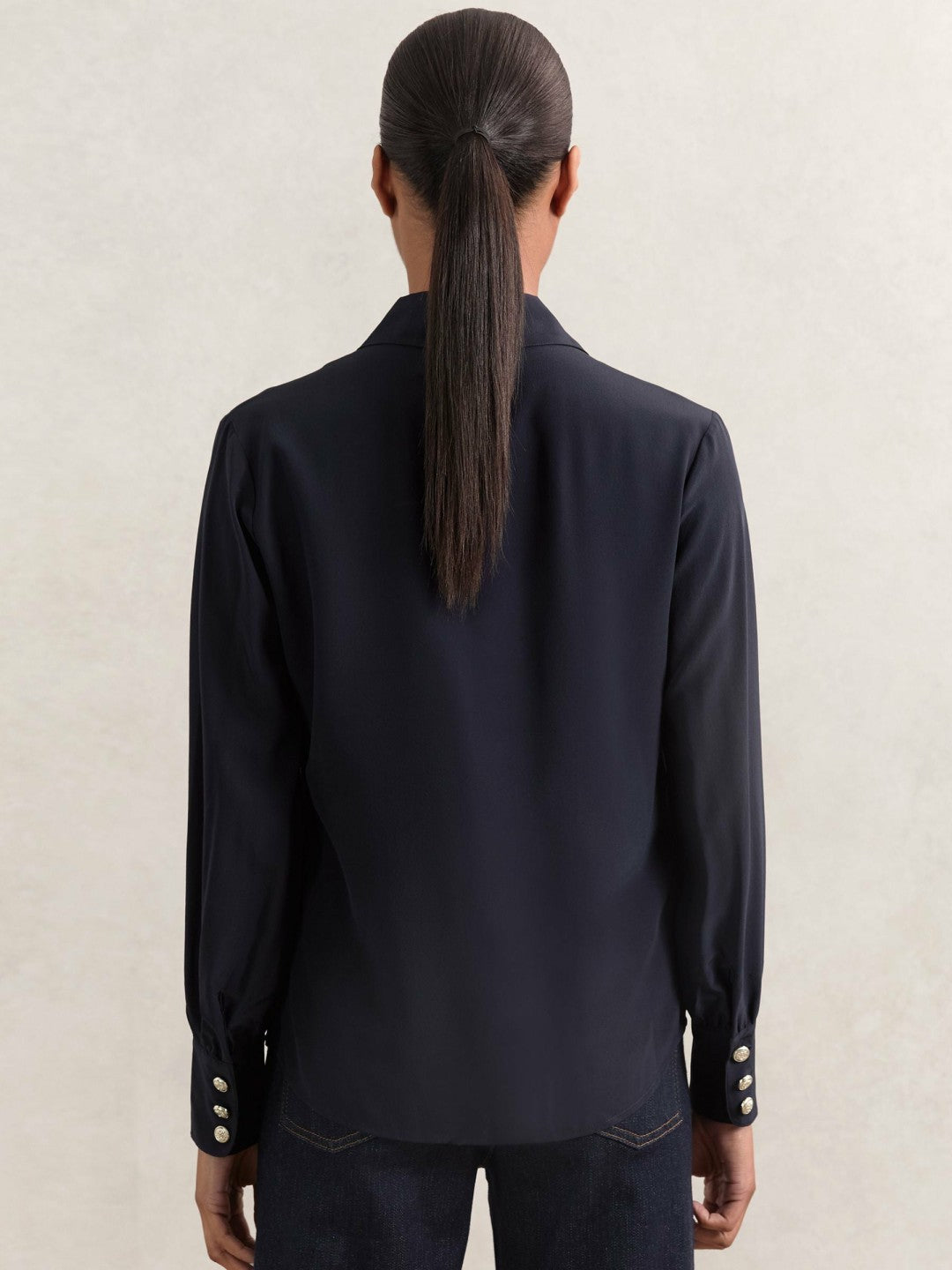 Silk Embossed-Button Shirt Navy | Women