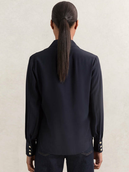 Silk Embossed-Button Shirt Navy | Women