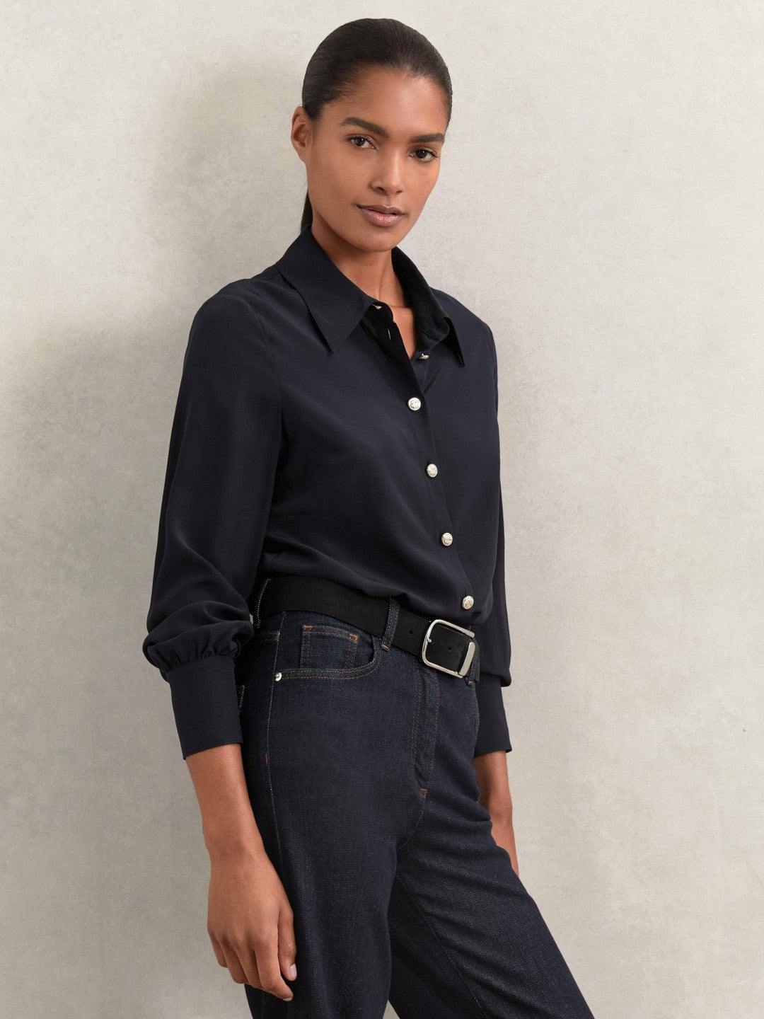 Silk Embossed-Button Shirt Navy | Women