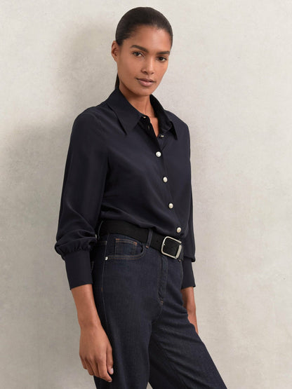 Silk Embossed-Button Shirt Navy | Women