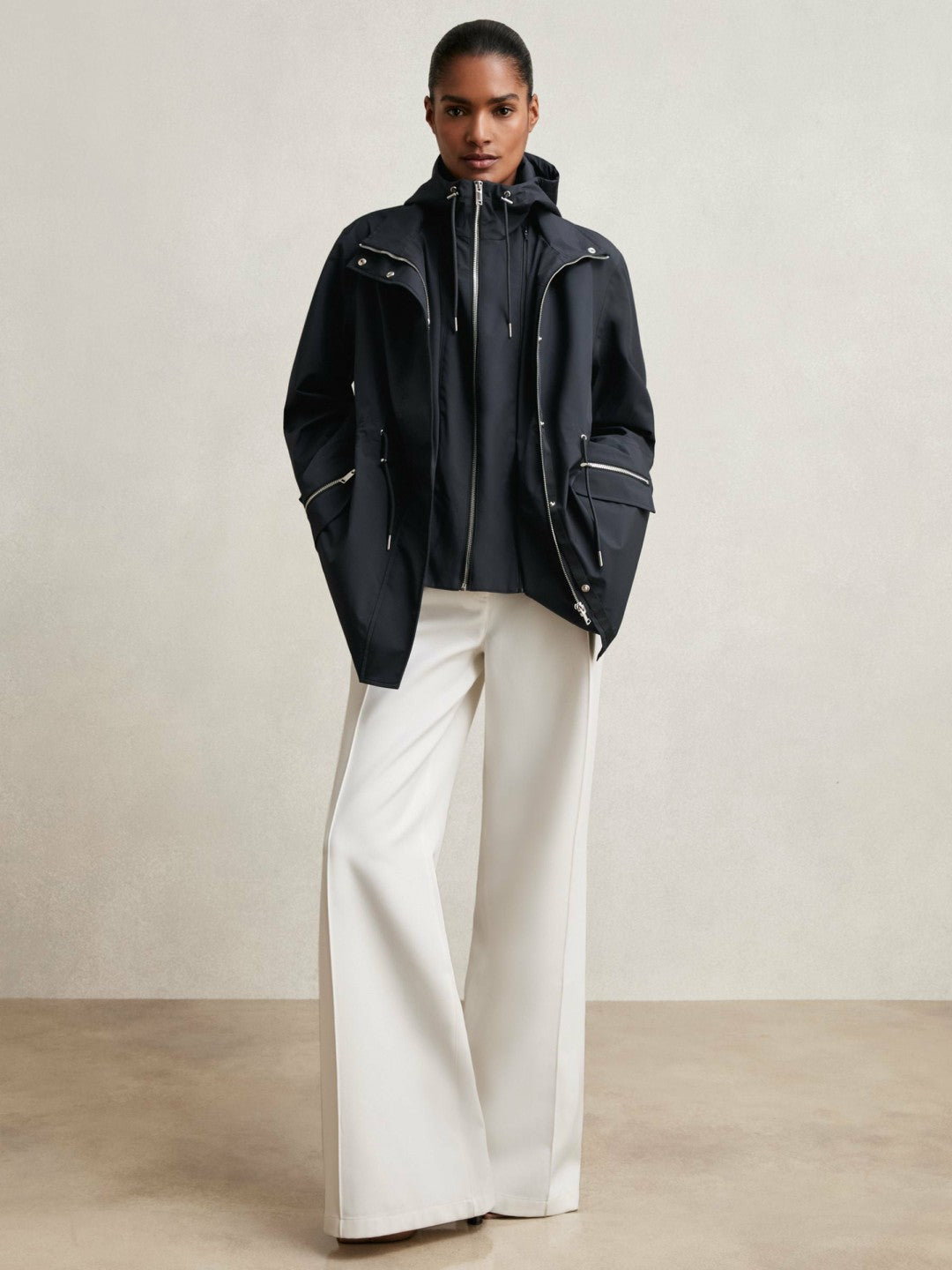 Removable-Hood Rain Coat Navy | Women