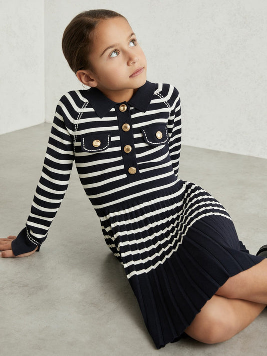 9-13 yrs Button-Detail Stripe Knitted Dress Navy/White | Children & Baby