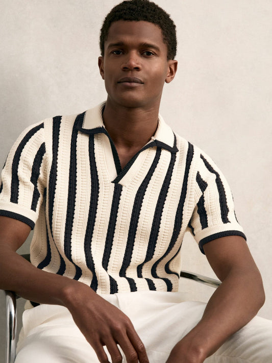 Cotton Blend Stripe Knit Polo Shirt Off White/Navy | Men
