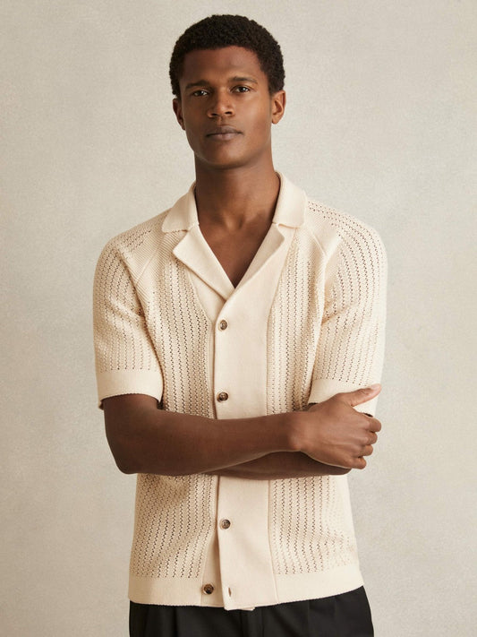 Cotton Textured-Knit Cuban-Collar Shirt Light Stone | Men