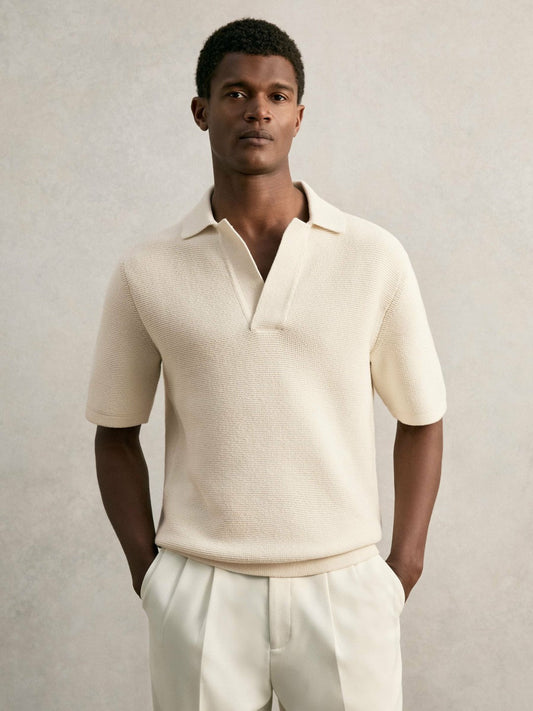 Oversize Textured Polo Shirt Cotton-Blend Off White | Men