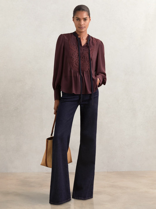 Lace-Embroidered Tie-Neck Shirt Burgundy | Women