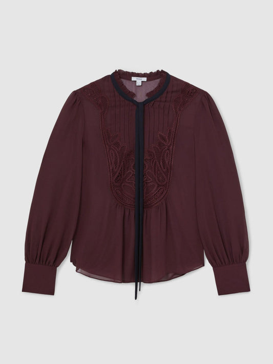 Lace-Embroidered Tie-Neck Shirt Burgundy | Women